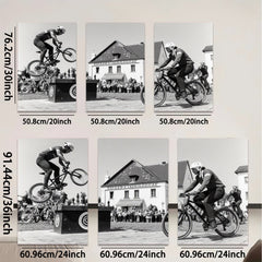 2D flat 1pc Cyclists perform daring bike stunts near historic building farmhouse wall art living room bedroom decor gallery wrapped canvas prints modern farmhouse style