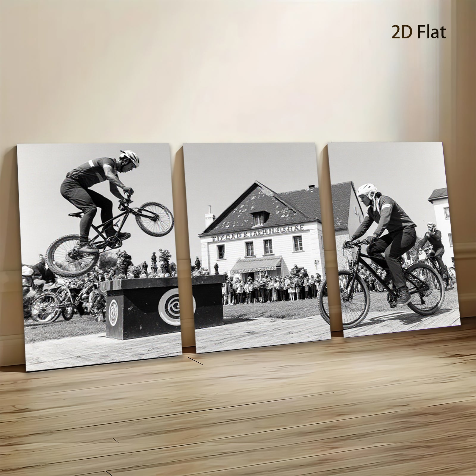 2D flat 1pc Cyclists perform daring bike stunts near historic building farmhouse wall art living room bedroom decor gallery wrapped canvas prints modern farmhouse style