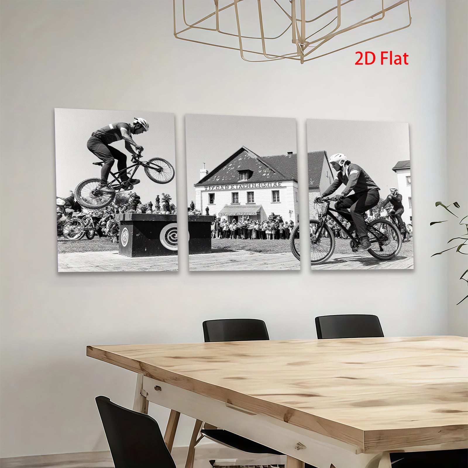 2D flat 1pc Cyclists perform daring bike stunts near historic building farmhouse wall art living room bedroom decor gallery wrapped canvas prints modern farmhouse style