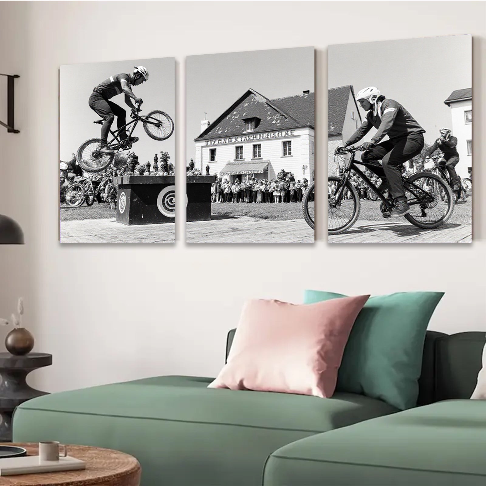 2D flat 1pc Cyclists perform daring bike stunts near historic building farmhouse wall art living room bedroom decor gallery wrapped canvas prints modern farmhouse style