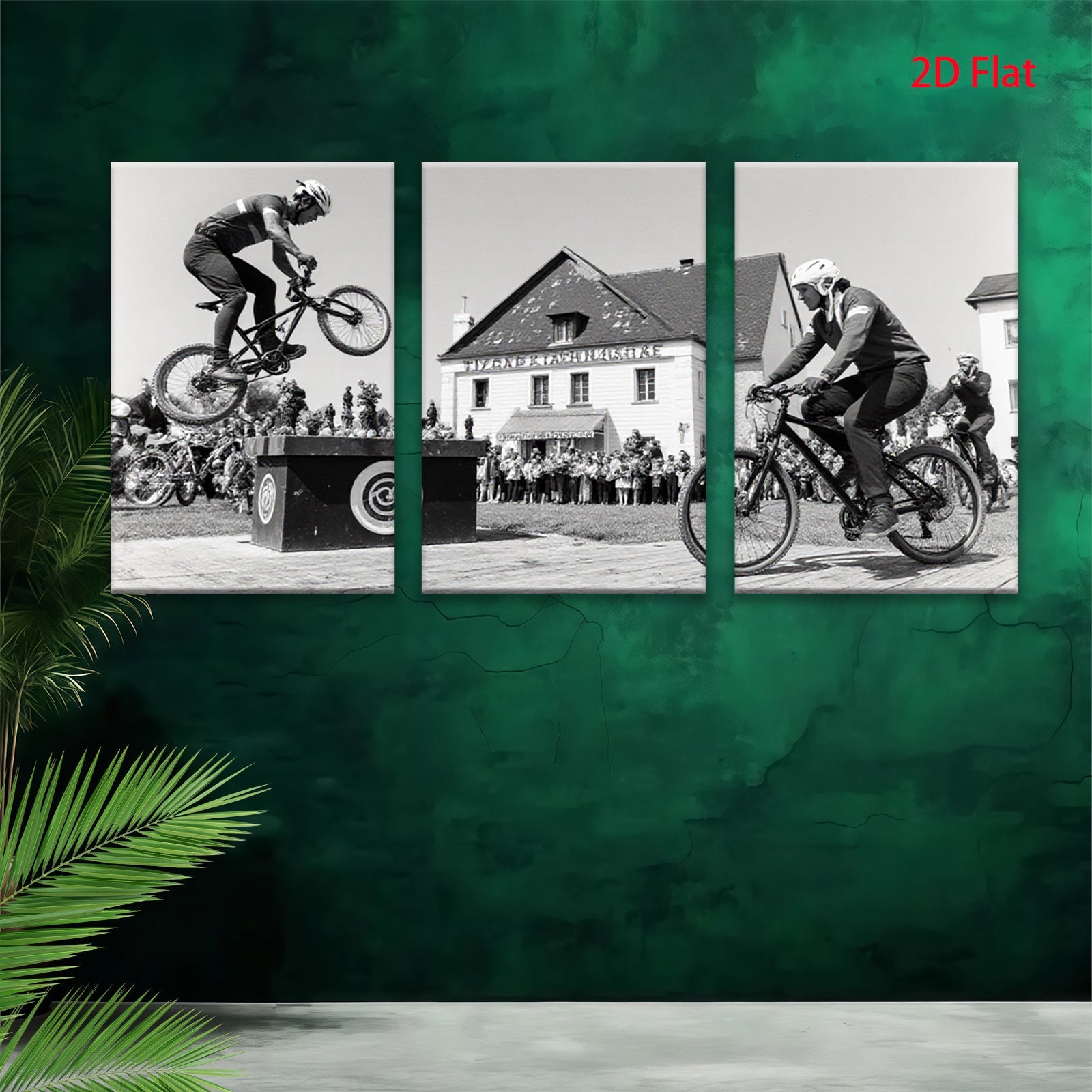 2D flat 1pc Cyclists perform daring bike stunts near historic building farmhouse wall art living room bedroom decor gallery wrapped canvas prints modern farmhouse style