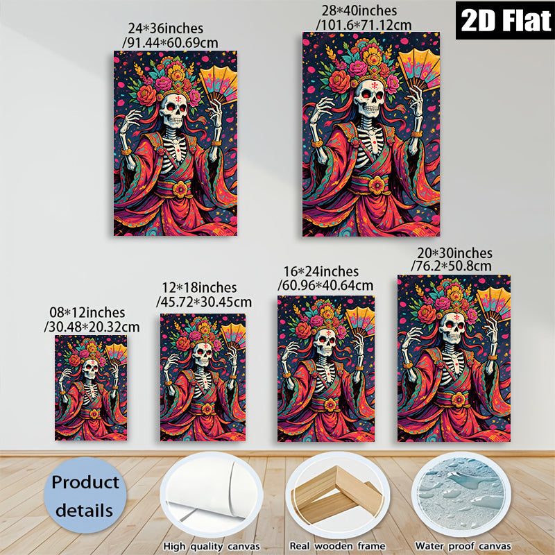 2D flat 1pc Day of Dead Floral Skeleton Lady Wall Art Decor Living Room Bedroom Gallery Wrapped Canvas Print Modern Farmhouse Style Home D��cor Gift Idea