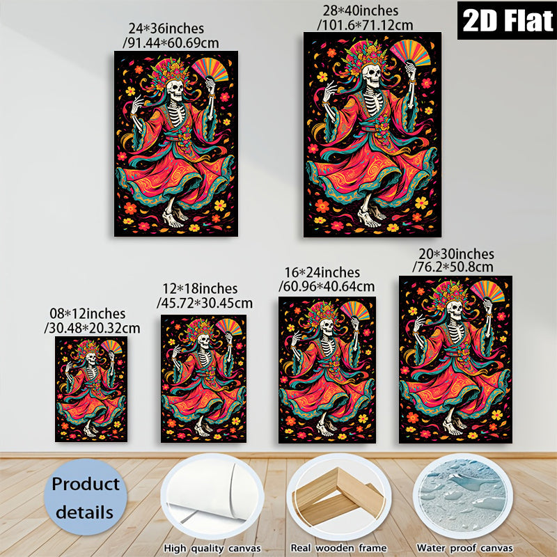 2D flat 1pc Day of Dead Skeleton Dancer Floral Art Wall Decor Living Room Bedroom Gallery Wrapped Canvas Print Modern Farmhouse Style