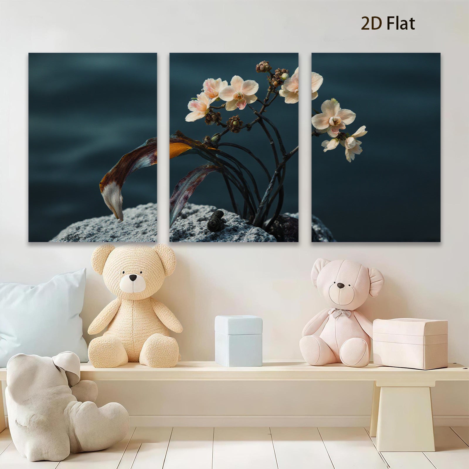 2D flat 1pc Delicate Floral Bloom on Stone Rustic Farmhouse Wall Art for Living Room Bedroom Gallery Wrapped Canvas Prints Modern Minimalist Artwork