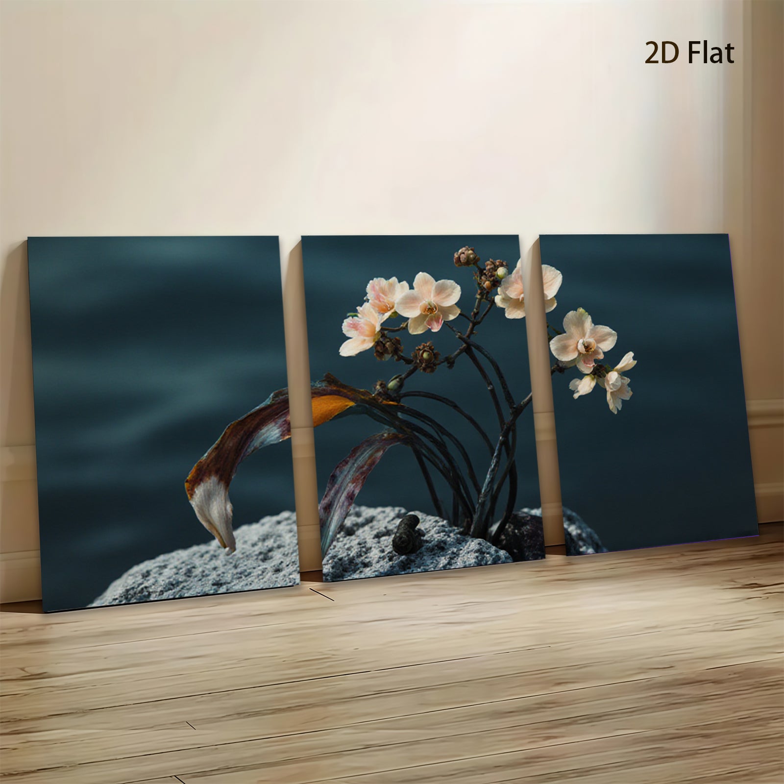 2D flat 1pc Delicate Floral Bloom on Stone Rustic Farmhouse Wall Art for Living Room Bedroom Gallery Wrapped Canvas Prints Modern Minimalist Artwork