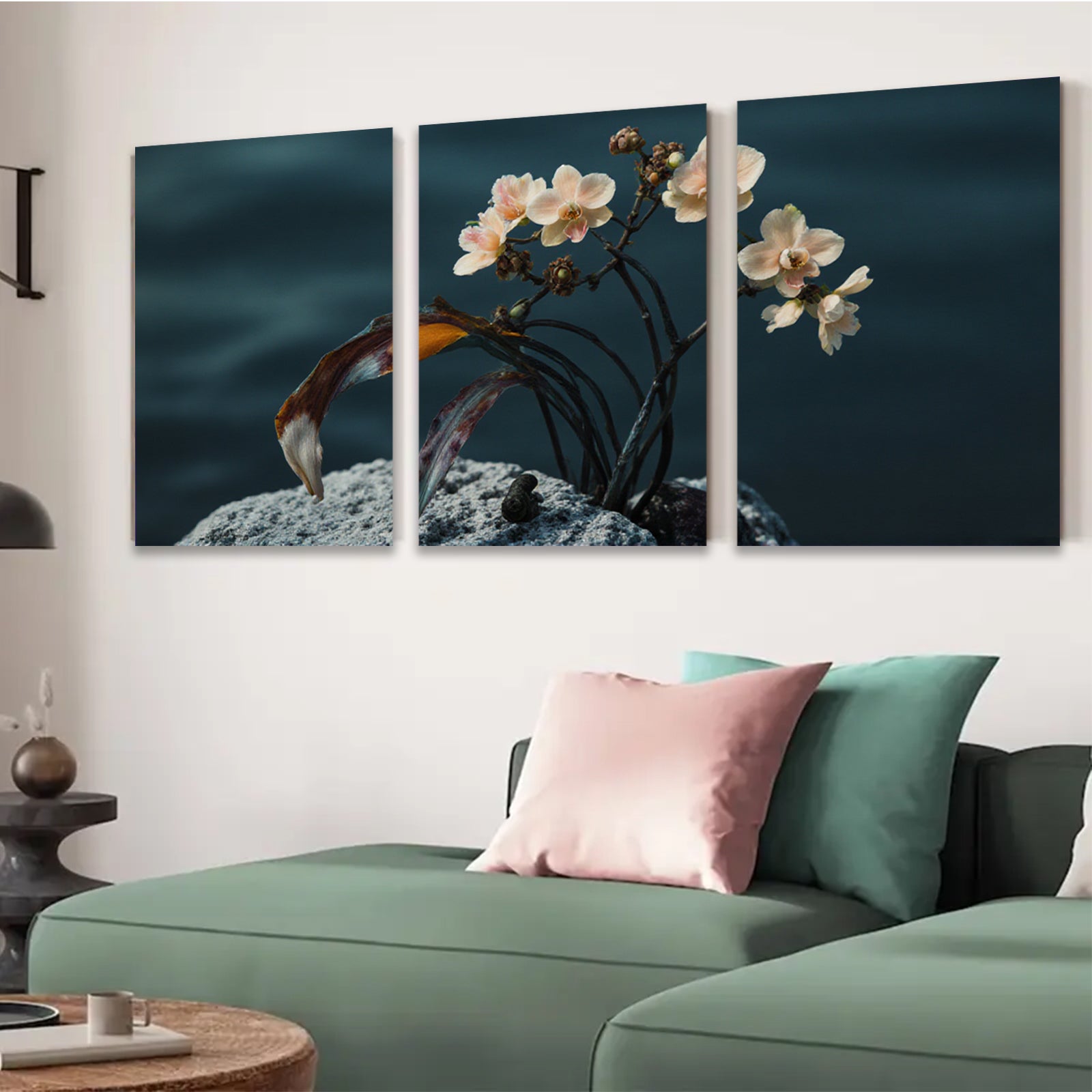 2D flat 1pc Delicate Floral Bloom on Stone Rustic Farmhouse Wall Art for Living Room Bedroom Gallery Wrapped Canvas Prints Modern Minimalist Artwork