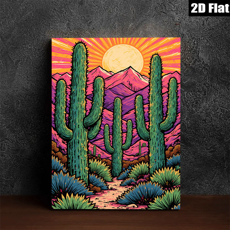 2D flat 1pc Desert Cactus Landscape Wall Art Prints Southwestern Home Decor Living Room Bedroom Modern Farmhouse Gallery Wrapped Canvas Teal Blue Orange