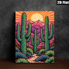 2D flat 1pc Desert Cactus Landscape Wall Art Prints Southwestern Home Decor Living Room Bedroom Modern Farmhouse Gallery Wrapped Canvas Teal Blue Orange