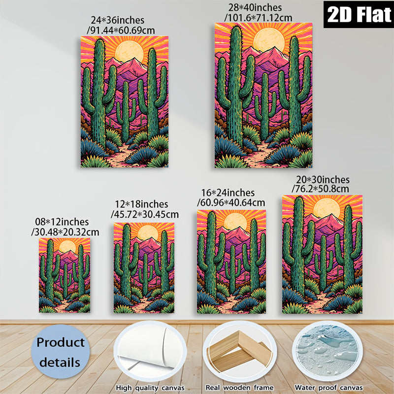 2D flat 1pc Desert Cactus Landscape Wall Art Prints Southwestern Home Decor Living Room Bedroom Modern Farmhouse Gallery Wrapped Canvas Teal Blue Orange