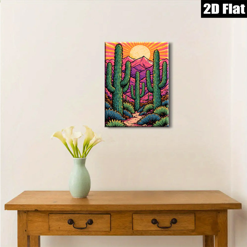 2D flat 1pc Desert Cactus Landscape Wall Art Prints Southwestern Home Decor Living Room Bedroom Modern Farmhouse Gallery Wrapped Canvas Teal Blue Orange