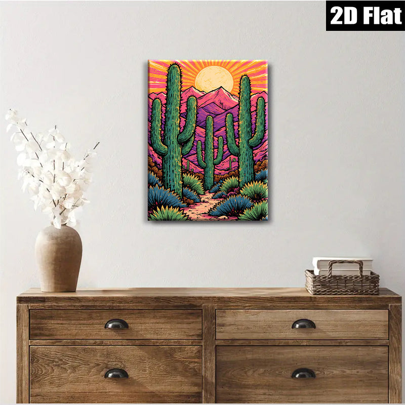 2D flat 1pc Desert Cactus Landscape Wall Art Prints Southwestern Home Decor Living Room Bedroom Modern Farmhouse Gallery Wrapped Canvas Teal Blue Orange