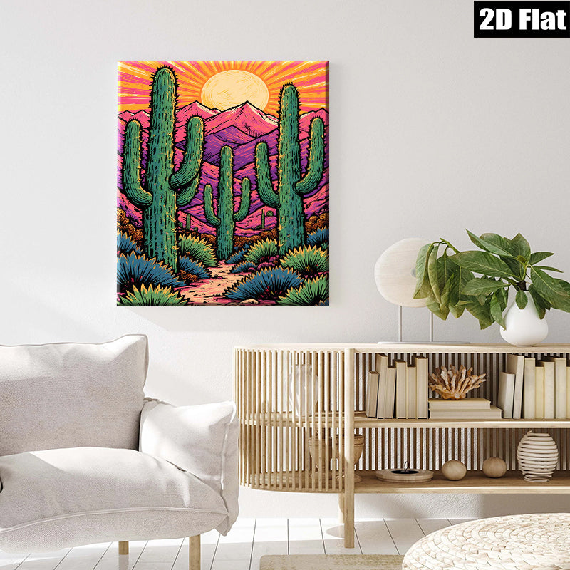 2D flat 1pc Desert Cactus Landscape Wall Art Prints Southwestern Home Decor Living Room Bedroom Modern Farmhouse Gallery Wrapped Canvas Teal Blue Orange