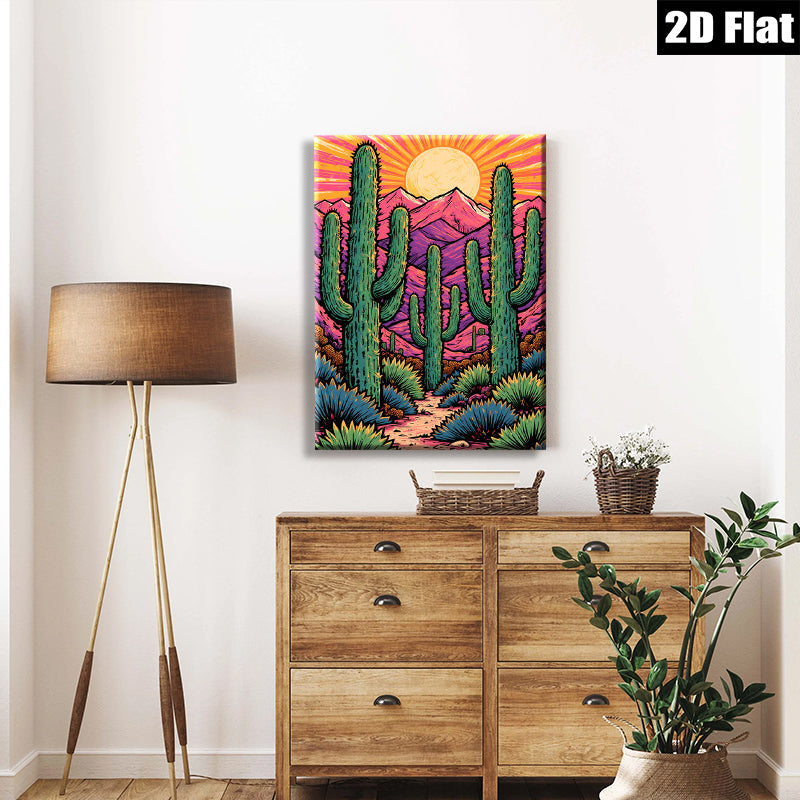 2D flat 1pc Desert Cactus Landscape Wall Art Prints Southwestern Home Decor Living Room Bedroom Modern Farmhouse Gallery Wrapped Canvas Teal Blue Orange