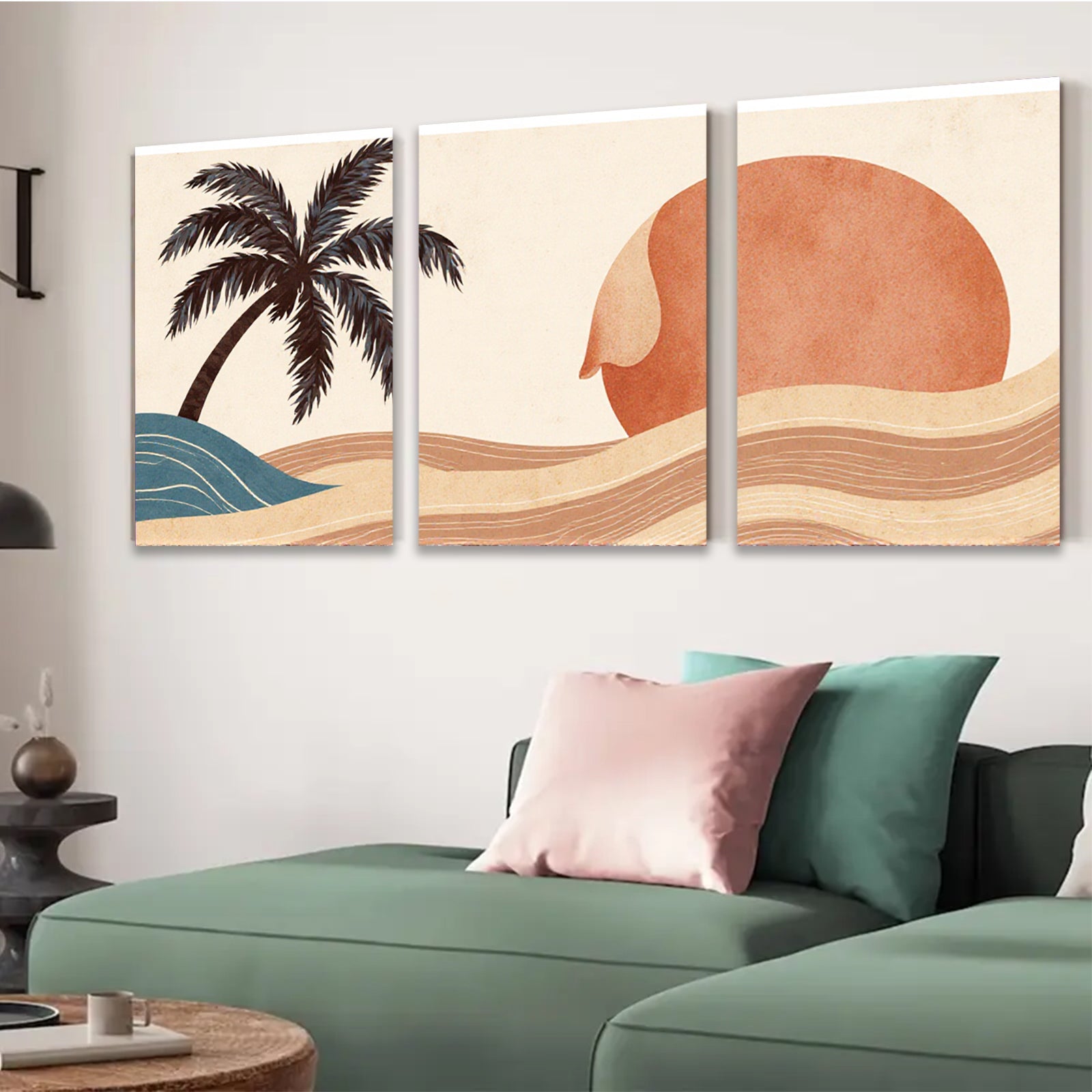2D flat 1pc Desert Sunset Palm Tree Wall Art Canvas Prints for Living Room Bedroom Bathroom Modern Farmhouse Decor Boho Aesthetic Gallery Wrapped Ready to Hang