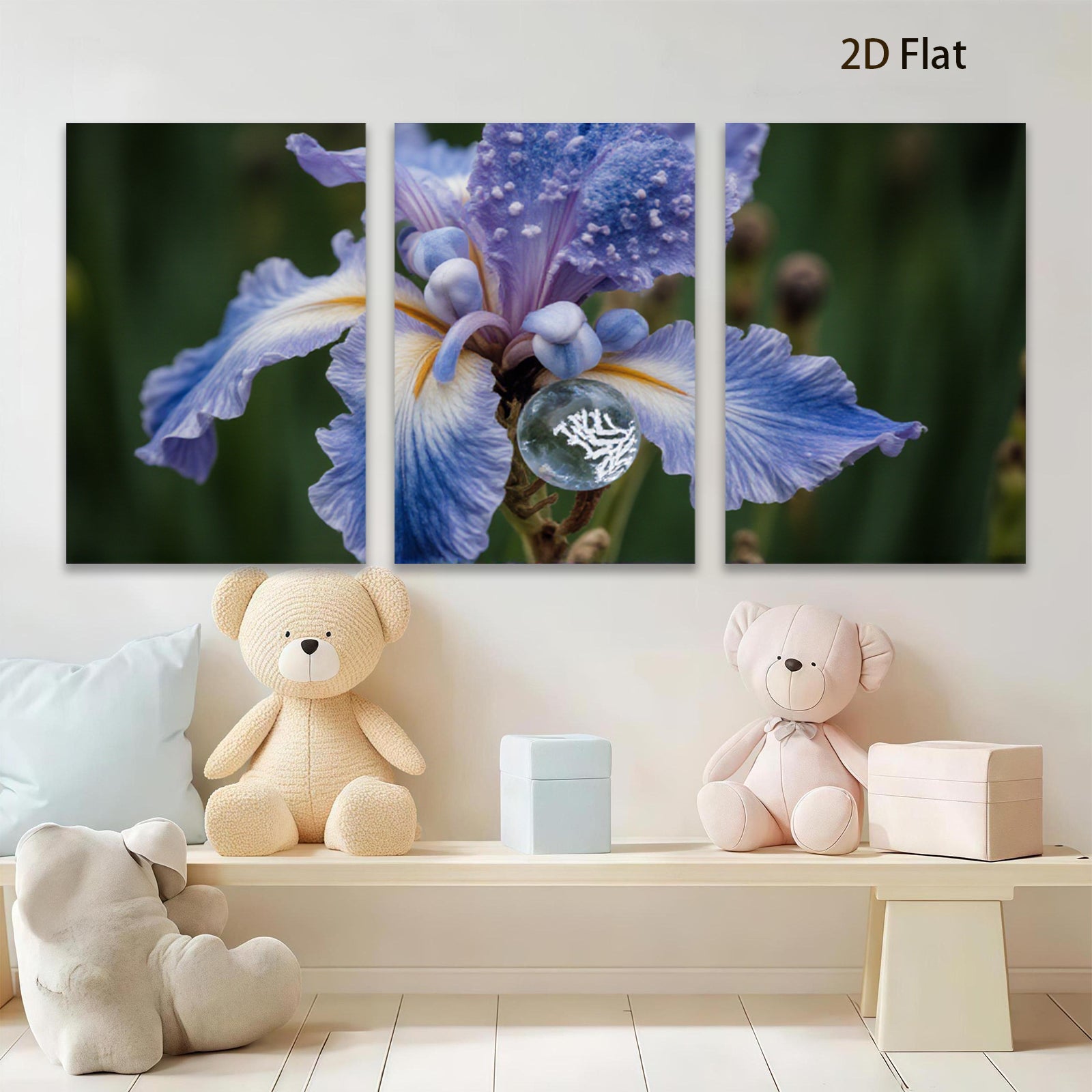 2D flat 1pc Dew Kissed Blue Iris Floral Botanical Wall Art Living Room Bedroom Decor Farmhouse Style Modern Canvas Prints Ready To Hang Gallery Wrapped