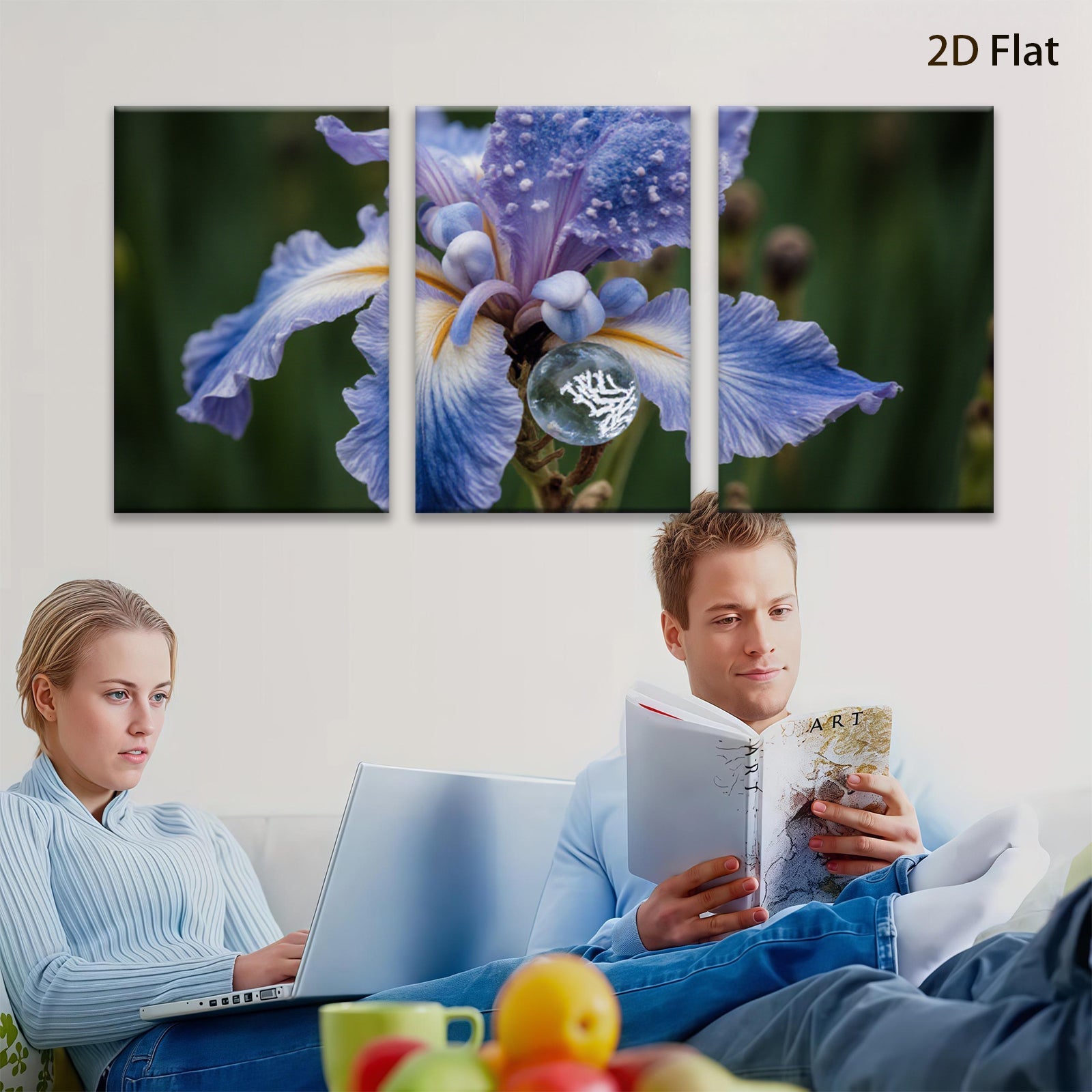 2D flat 1pc Dew Kissed Blue Iris Floral Botanical Wall Art Living Room Bedroom Decor Farmhouse Style Modern Canvas Prints Ready To Hang Gallery Wrapped