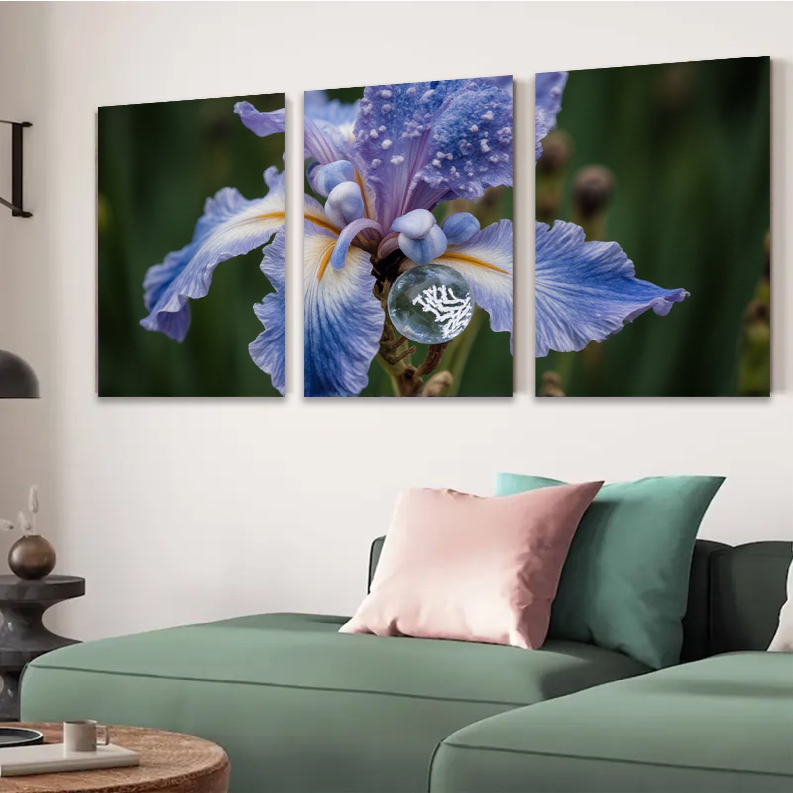 2D flat 1pc Dew Kissed Blue Iris Floral Botanical Wall Art Living Room Bedroom Decor Farmhouse Style Modern Canvas Prints Ready To Hang Gallery Wrapped