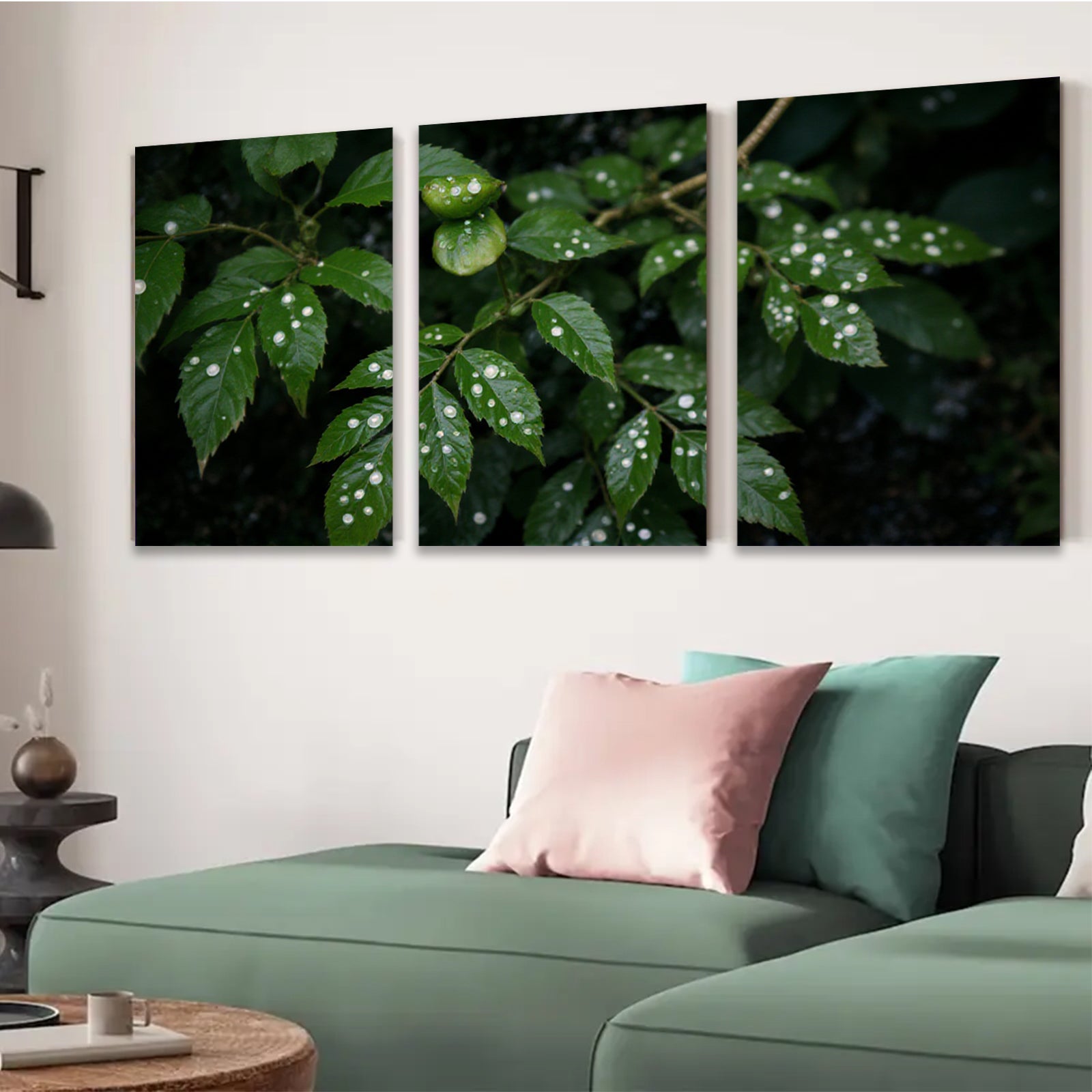 2D flat 1pc Dew Kissed Green Foliage Botanical Wall Art Living Room Bedroom Decor Modern Farmhouse Rustic Gallery Wrapped Canvas Prints for Home Office