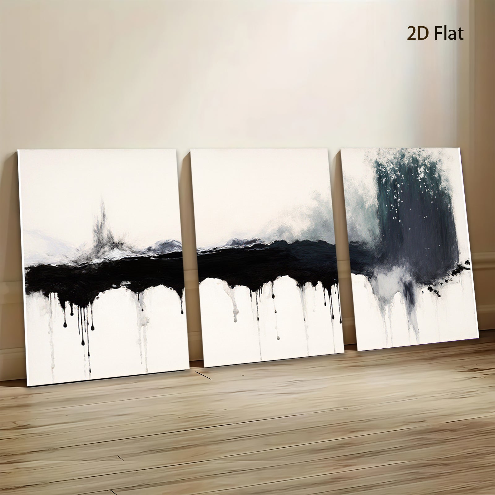 2D flat 1pc Dramatic Black Ink Wash Abstract Wall Art Modern Farmhouse Living Room Decor Gallery Wrapped Canvas Prints for Bedroom Bathroom Office Coastal Style