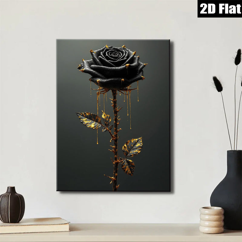 2D flat 1pc Dramatic Black Rose with Gold Dripping Accents Gallery Wall Art Bedroom Living Room Modern Farmhouse Decor Gift Ideas