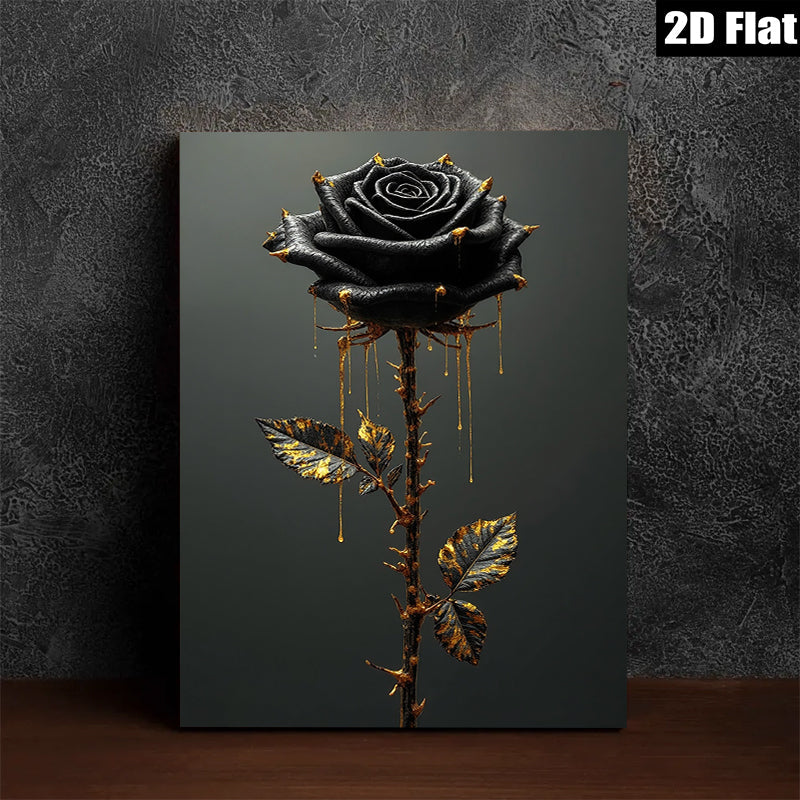 2D flat 1pc Dramatic Black Rose with Gold Dripping Accents Gallery Wall Art Bedroom Living Room Modern Farmhouse Decor Gift Ideas