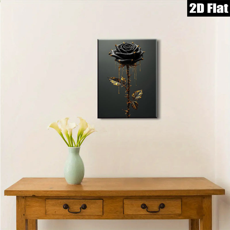 2D flat 1pc Dramatic Black Rose with Gold Dripping Accents Gallery Wall Art Bedroom Living Room Modern Farmhouse Decor Gift Ideas