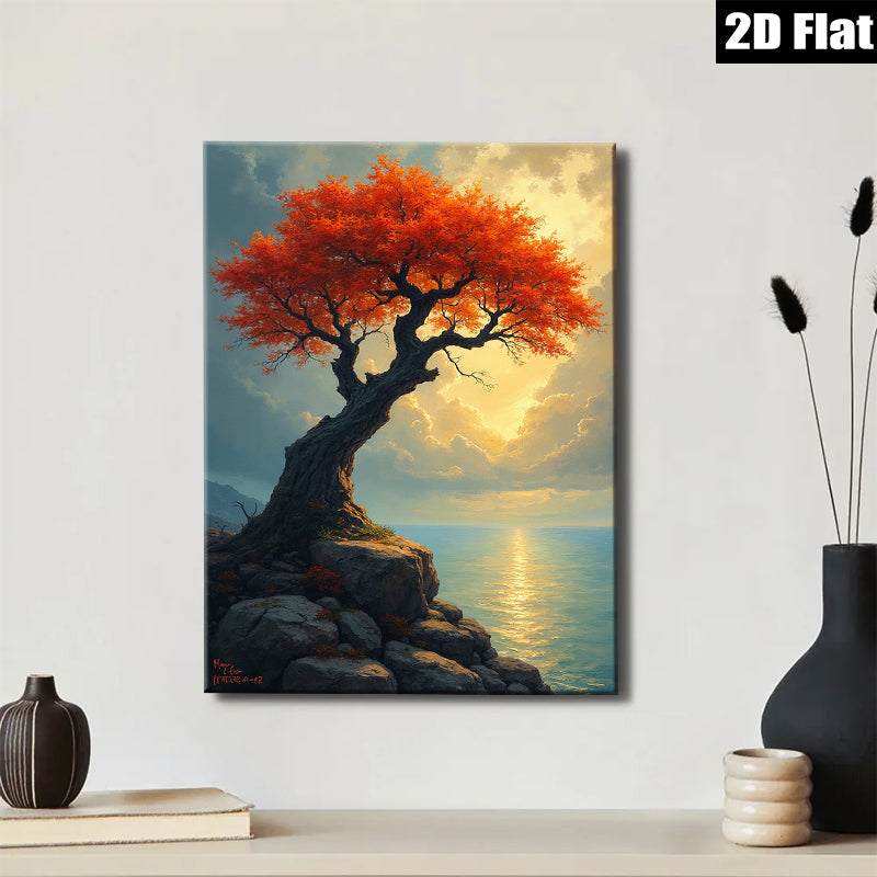 2D flat 1pc Dramatic Coastal Redwood Tree Sunset Landscape Wall Art Canvas Prints for Living Room Bedroom Office Decor Farmhouse Style Gallery Wrapped Modern Artwork