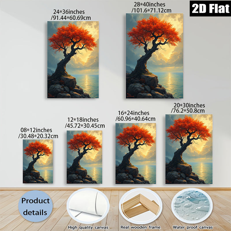 2D flat 1pc Dramatic Coastal Redwood Tree Sunset Landscape Wall Art Canvas Prints for Living Room Bedroom Office Decor Farmhouse Style Gallery Wrapped Modern Artwork
