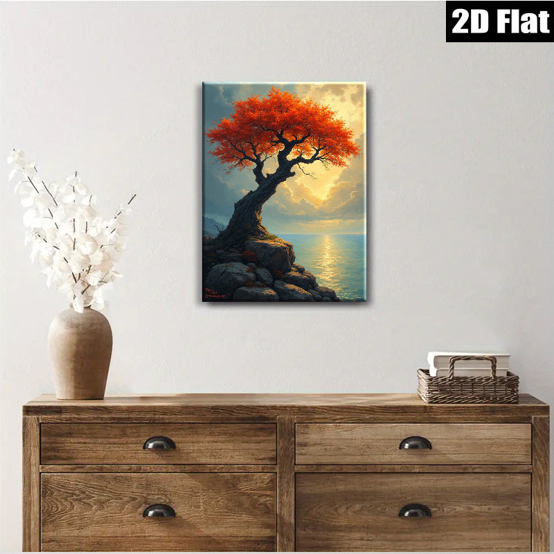 2D flat 1pc Dramatic Coastal Redwood Tree Sunset Landscape Wall Art Canvas Prints for Living Room Bedroom Office Decor Farmhouse Style Gallery Wrapped Modern Artwork