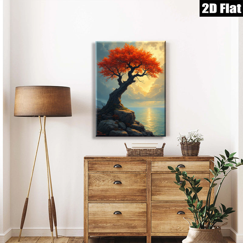 2D flat 1pc Dramatic Coastal Redwood Tree Sunset Landscape Wall Art Canvas Prints for Living Room Bedroom Office Decor Farmhouse Style Gallery Wrapped Modern Artwork