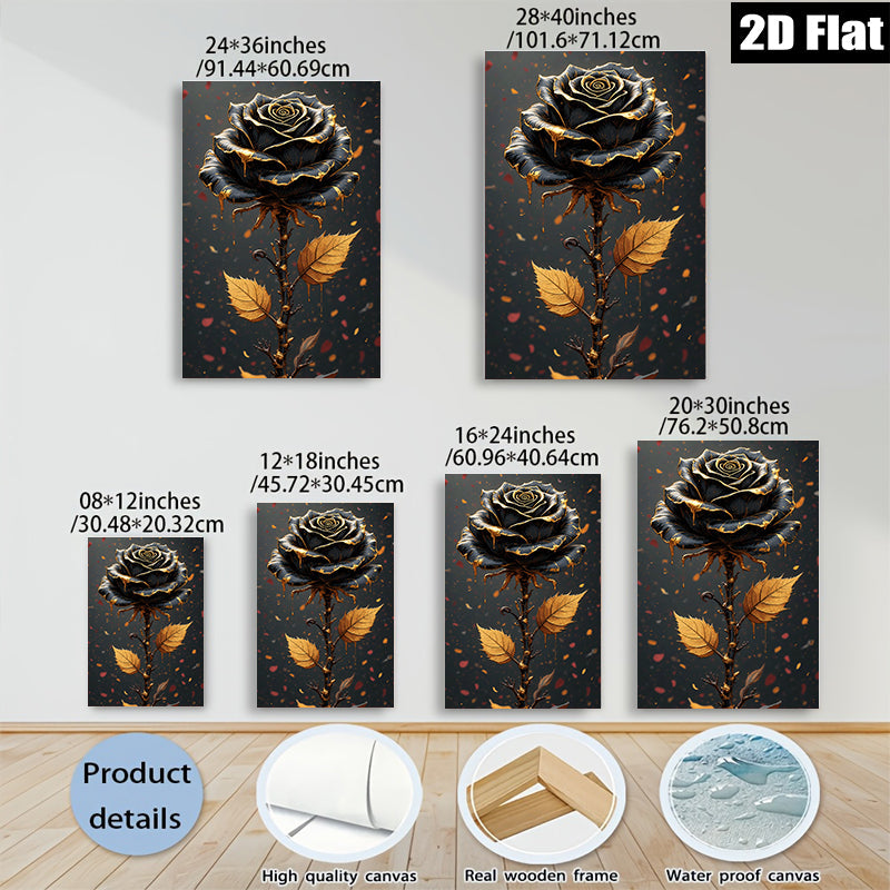 2D flat 1pc Dramatic Gold Drip Rose Floral Wall Art Canvas Prints for Living Room Bedroom Home Decor Gallery Wrapped Modern Farmhouse Style