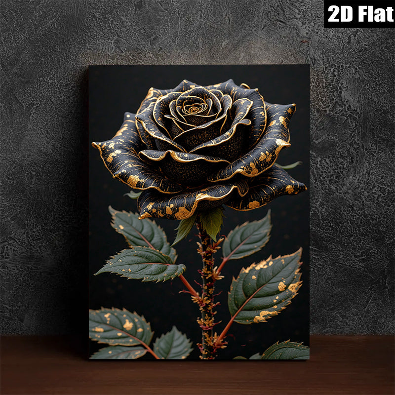 2D flat 1pc Dramatic Gold Foil Black Rose Floral Wall Art Canvas Prints for Living Room Bedroom Bathroom Home Decor Modern Farmhouse Style