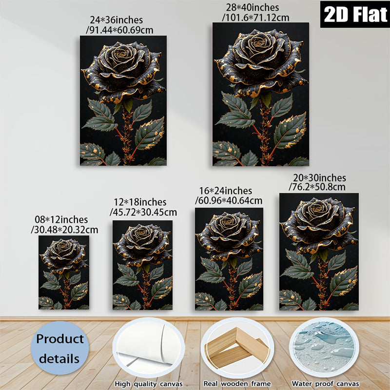 2D flat 1pc Dramatic Gold Foil Black Rose Floral Wall Art Canvas Prints for Living Room Bedroom Bathroom Home Decor Modern Farmhouse Style