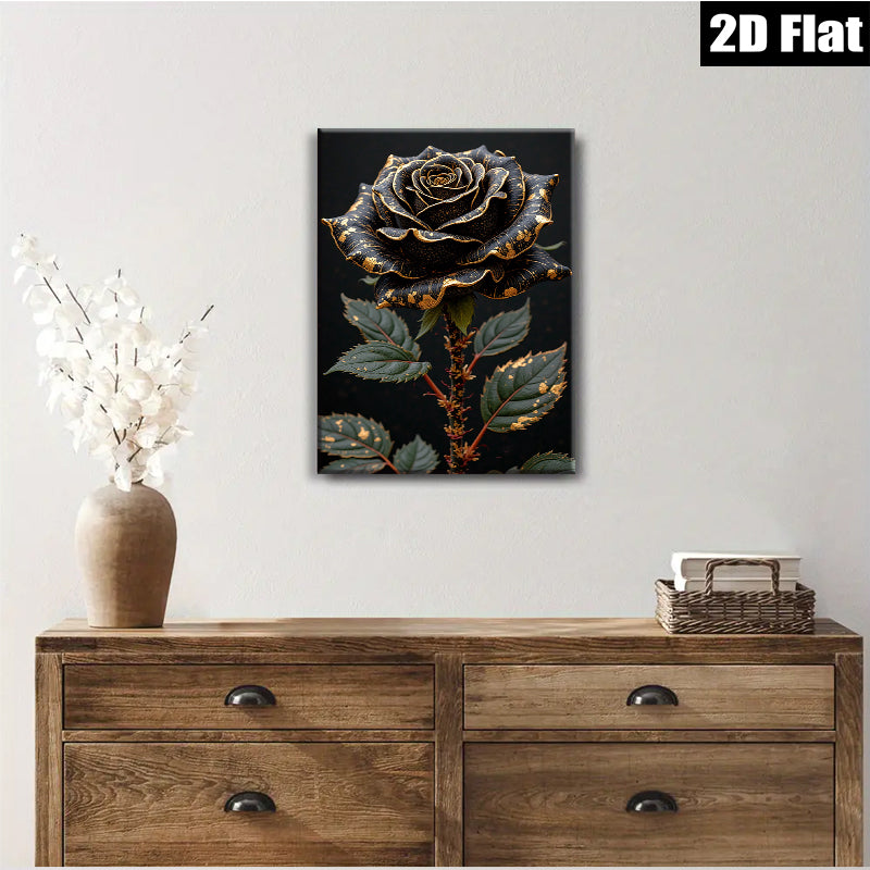 2D flat 1pc Dramatic Gold Foil Black Rose Floral Wall Art Canvas Prints for Living Room Bedroom Bathroom Home Decor Modern Farmhouse Style