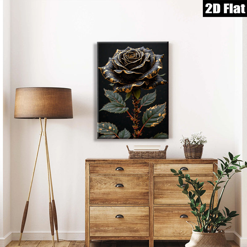 2D flat 1pc Dramatic Gold Foil Black Rose Floral Wall Art Canvas Prints for Living Room Bedroom Bathroom Home Decor Modern Farmhouse Style