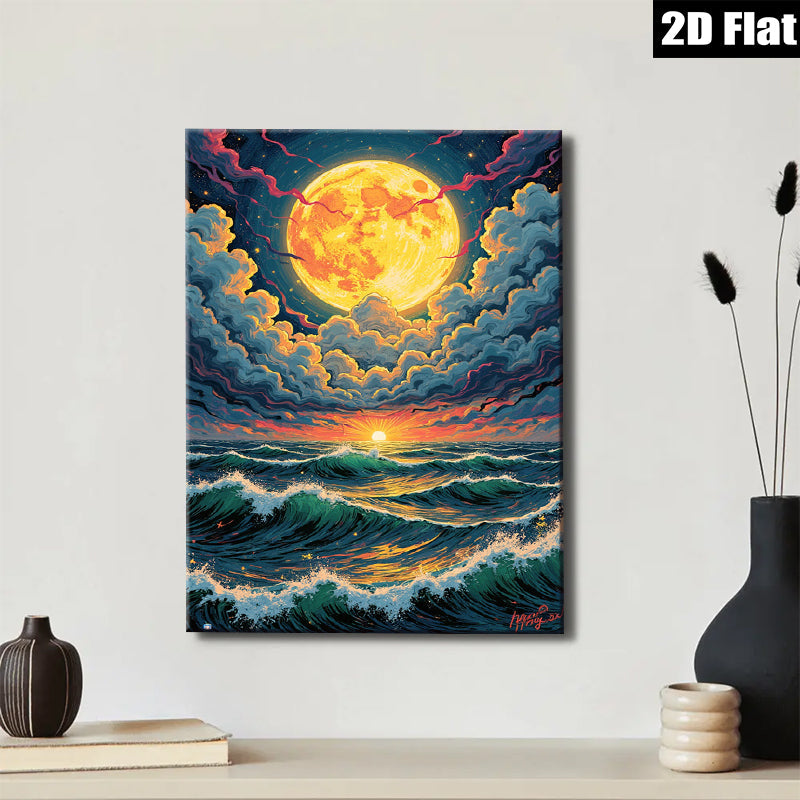 2D flat 1pc Dramatic Ocean Moonlight Wave Coastal Wall Art Canvas Prints for Living Room Bedroom Home Decor farmhouse style modern gallery wrapped