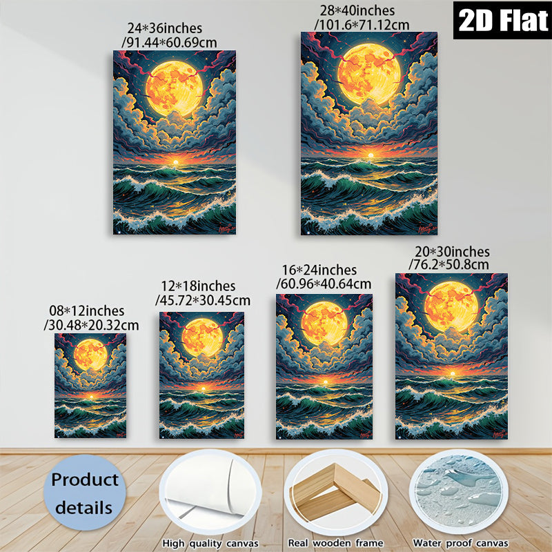2D flat 1pc Dramatic Ocean Moonlight Wave Coastal Wall Art Canvas Prints for Living Room Bedroom Home Decor farmhouse style modern gallery wrapped
