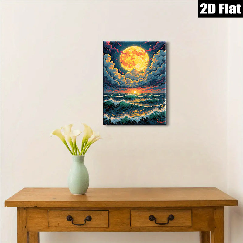 2D flat 1pc Dramatic Ocean Moonlight Wave Coastal Wall Art Canvas Prints for Living Room Bedroom Home Decor farmhouse style modern gallery wrapped