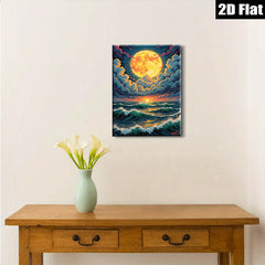 2D flat 1pc Dramatic Ocean Moonlight Wave Coastal Wall Art Canvas Prints for Living Room Bedroom Home Decor farmhouse style modern gallery wrapped