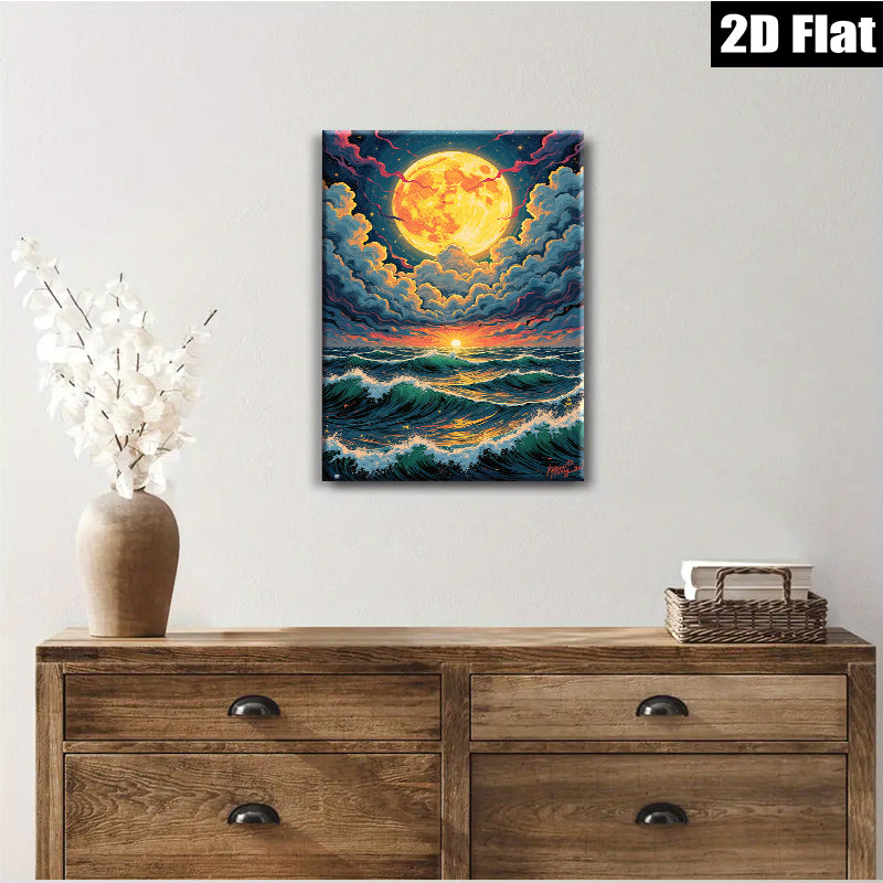 2D flat 1pc Dramatic Ocean Moonlight Wave Coastal Wall Art Canvas Prints for Living Room Bedroom Home Decor farmhouse style modern gallery wrapped