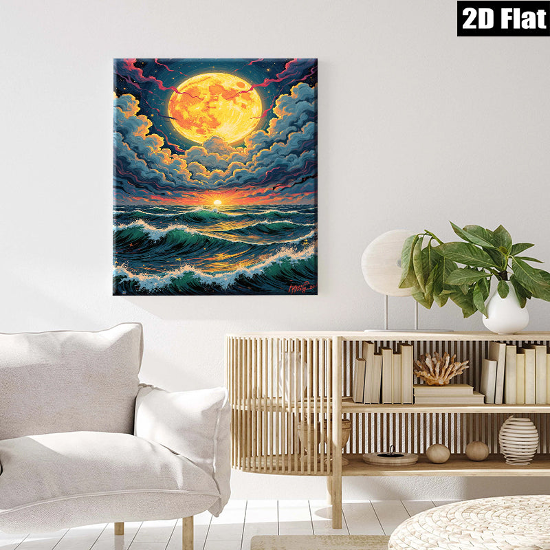 2D flat 1pc Dramatic Ocean Moonlight Wave Coastal Wall Art Canvas Prints for Living Room Bedroom Home Decor farmhouse style modern gallery wrapped