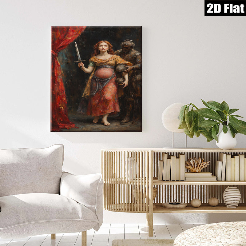 2D flat 1pc Dramatic Portrait Renaissance Woman with Sword Gothic Art Living Room Bedroom Wall Decor Gallery Wrapped Canvas Prints Modern Farmhouse Aesthetic