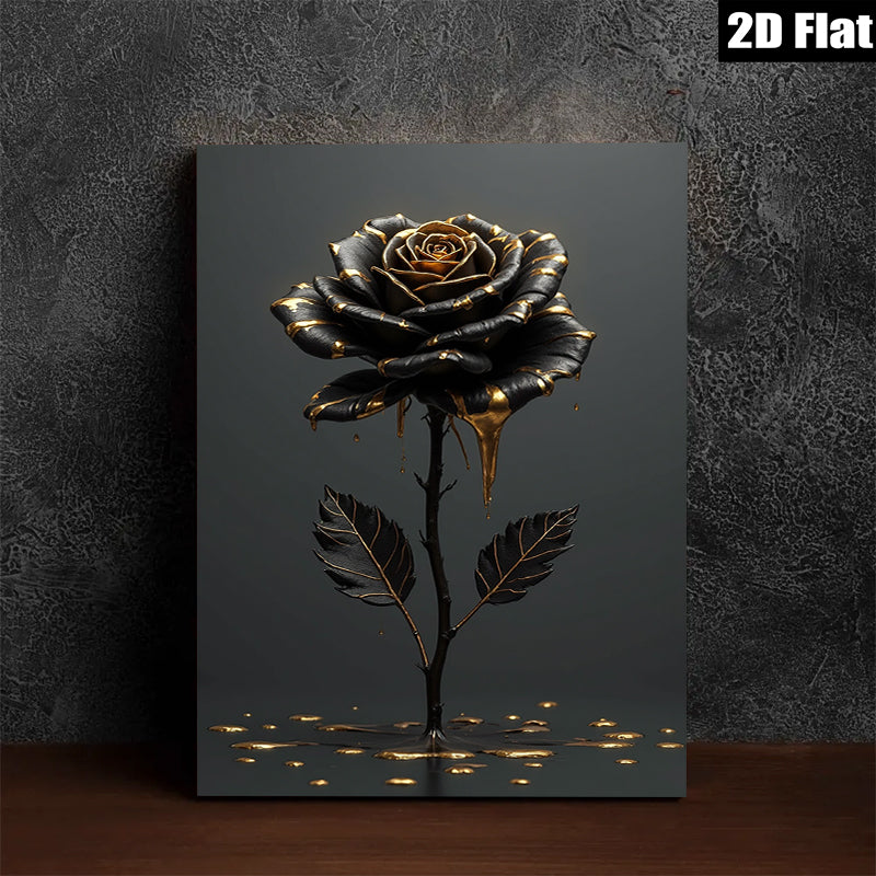 2D flat 1pc Dripping Gold Black Rose Floral Wall Art Canvas Prints for Living Room Bedroom Decor Modern Farmhouse Style Gallery Wrapped Ready to Hang