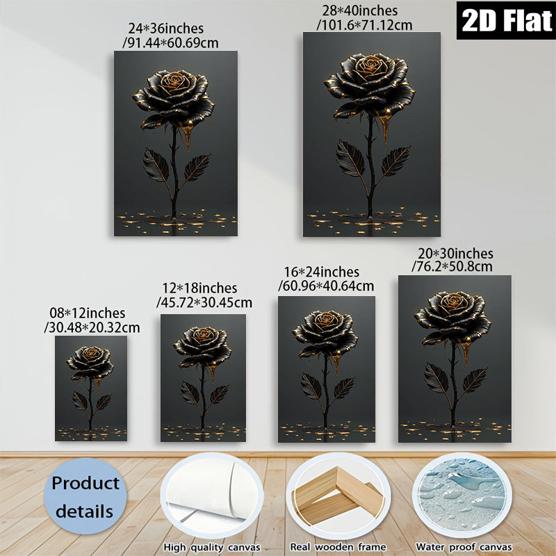 2D flat 1pc Dripping Gold Black Rose Floral Wall Art Canvas Prints for Living Room Bedroom Decor Modern Farmhouse Style Gallery Wrapped Ready to Hang