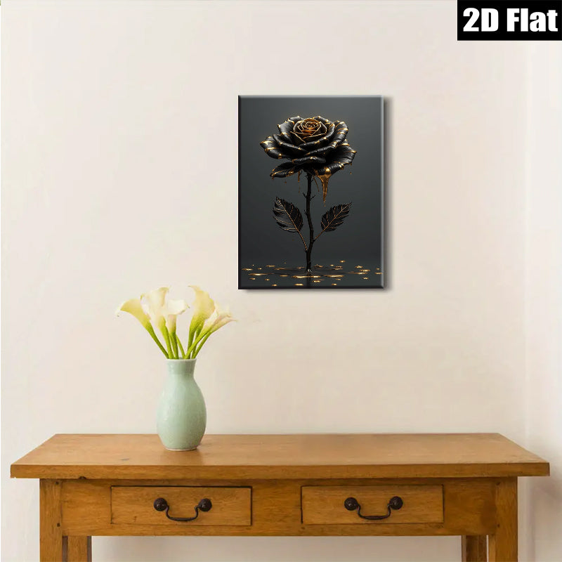 2D flat 1pc Dripping Gold Black Rose Floral Wall Art Canvas Prints for Living Room Bedroom Decor Modern Farmhouse Style Gallery Wrapped Ready to Hang