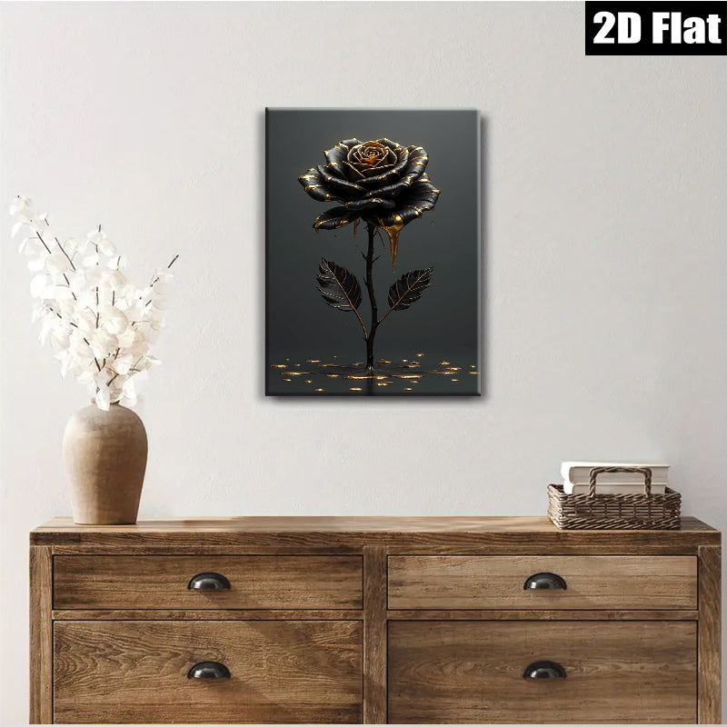 2D flat 1pc Dripping Gold Black Rose Floral Wall Art Canvas Prints for Living Room Bedroom Decor Modern Farmhouse Style Gallery Wrapped Ready to Hang