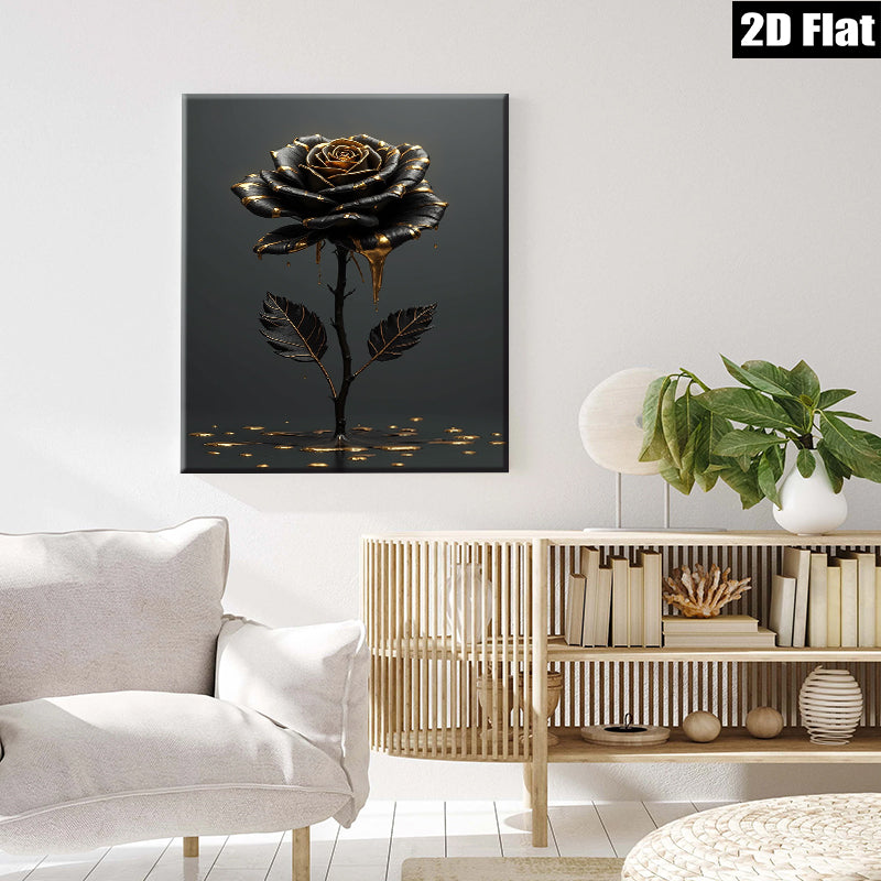 2D flat 1pc Dripping Gold Black Rose Floral Wall Art Canvas Prints for Living Room Bedroom Decor Modern Farmhouse Style Gallery Wrapped Ready to Hang