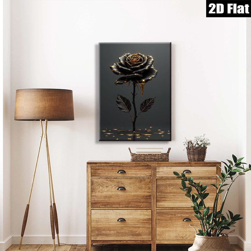 2D flat 1pc Dripping Gold Black Rose Floral Wall Art Canvas Prints for Living Room Bedroom Decor Modern Farmhouse Style Gallery Wrapped Ready to Hang
