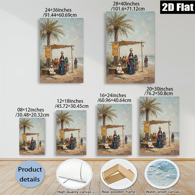 2D flat 1pc Eastern Market Scene with Figures Coastal Vibe Gallery Wall Art Living Room Bedroom Decor Farmhouse Style Rustic Charm