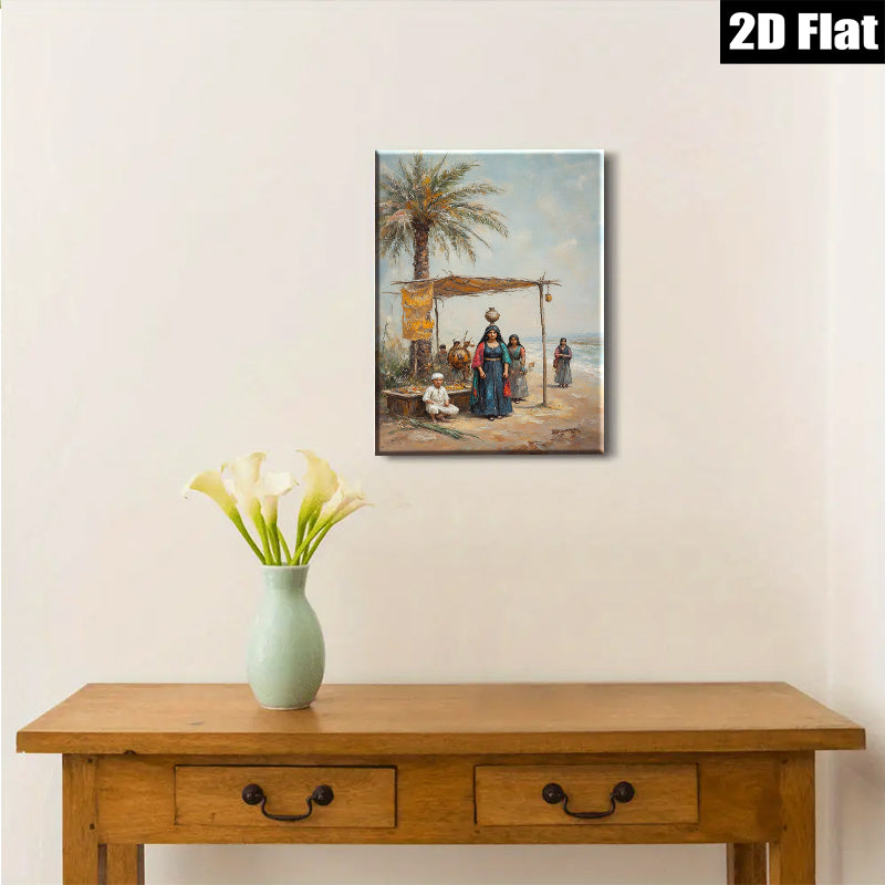 2D flat 1pc Eastern Market Scene with Figures Coastal Vibe Gallery Wall Art Living Room Bedroom Decor Farmhouse Style Rustic Charm